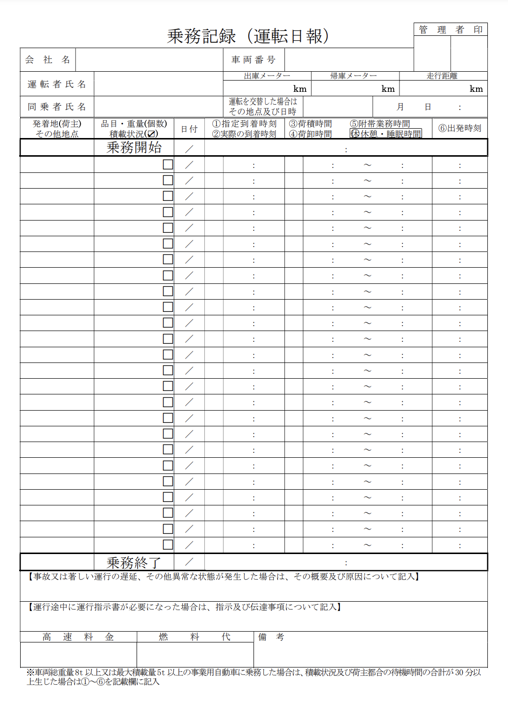 公益社団法人  奈良県トラック協会 運転日報テンプレート（日常点検付き）